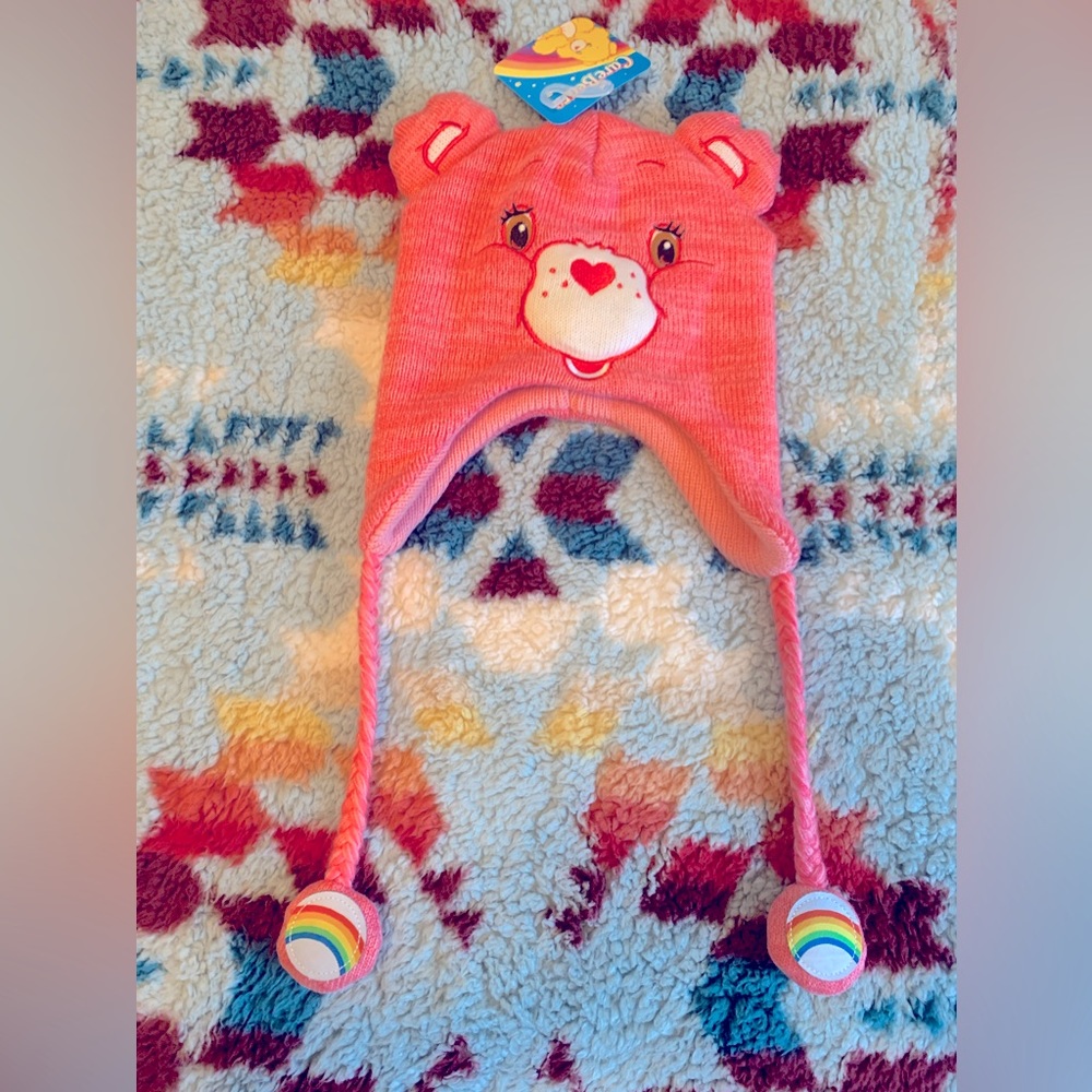 Care Bears Beanie Hat, Bear Winter Knit Cap with 3D Ears and Tassels, Pink